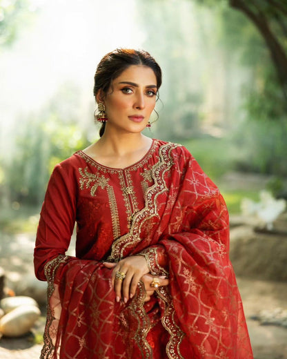 Ayeza Khan - Red Shirt, Trouser and Dupatta dress | 45% OFF