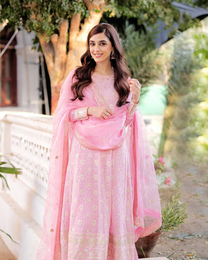 Maya Ali - Chikankari Kaalidar Maxi, Pajama and Dupatta | 50% OFF