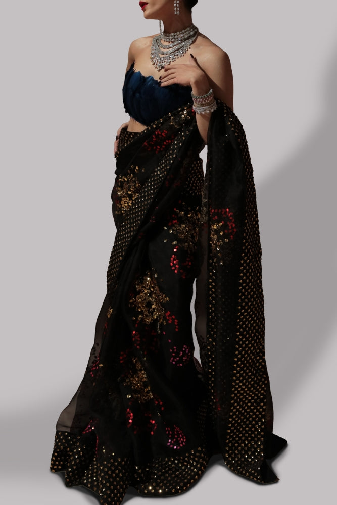 Ayesha Shahveer - Black Embellished Oraganza Sari - COD | 50% OFF