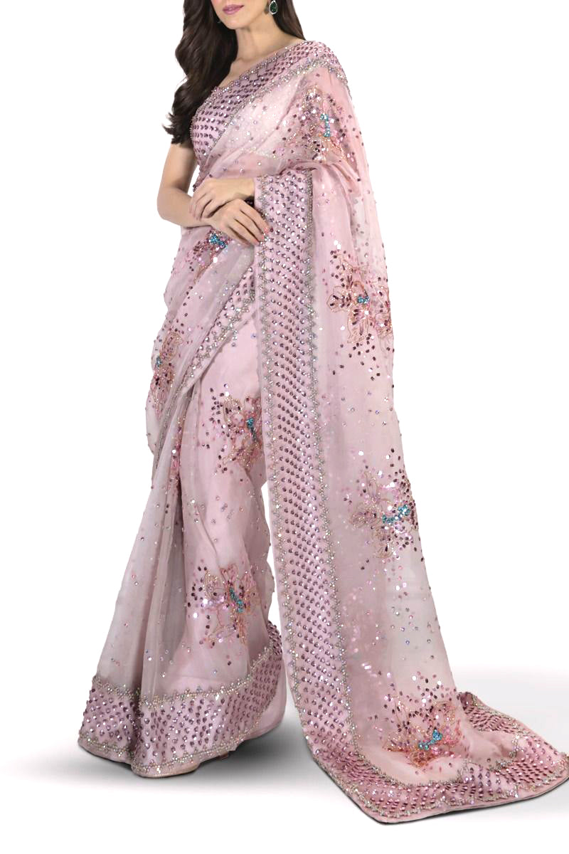 Maya Ali Peach Blush Embellished Organza Saree | 75% OFF