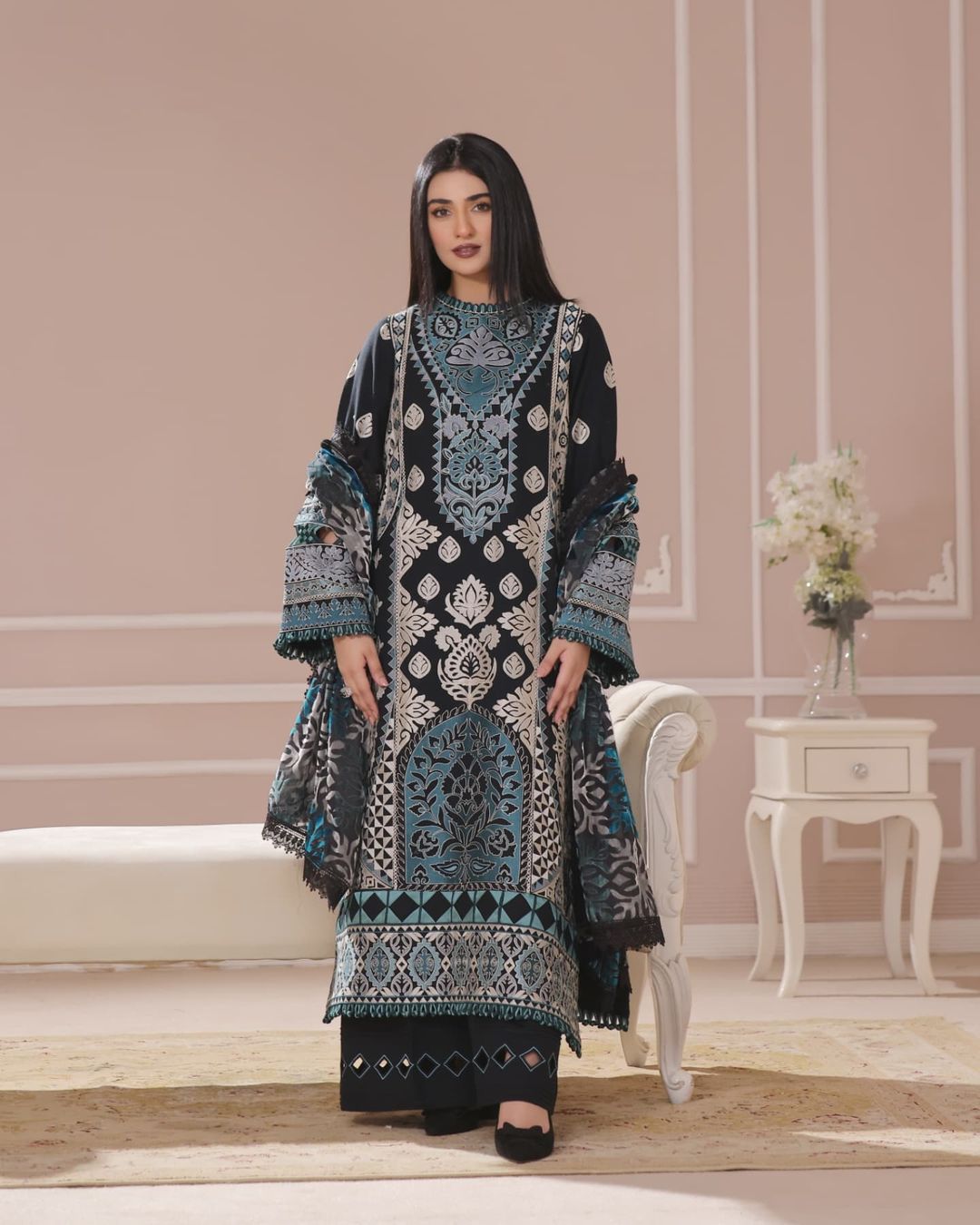 Sarah Khan - Cloe Black Long Shirt, Trouser and Duaptta set | 30% OFF