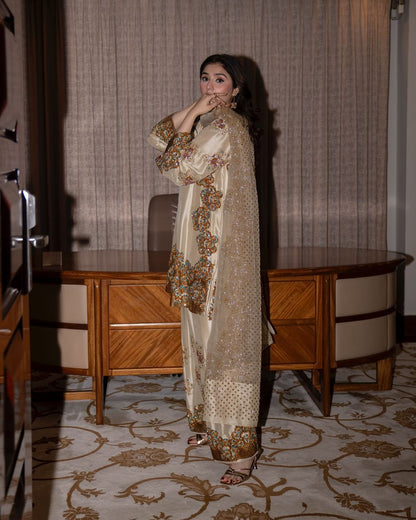 Durefishan Saleem - Lambs Wool Crème Embellished Raw Silk Set - COD | 50% OFF