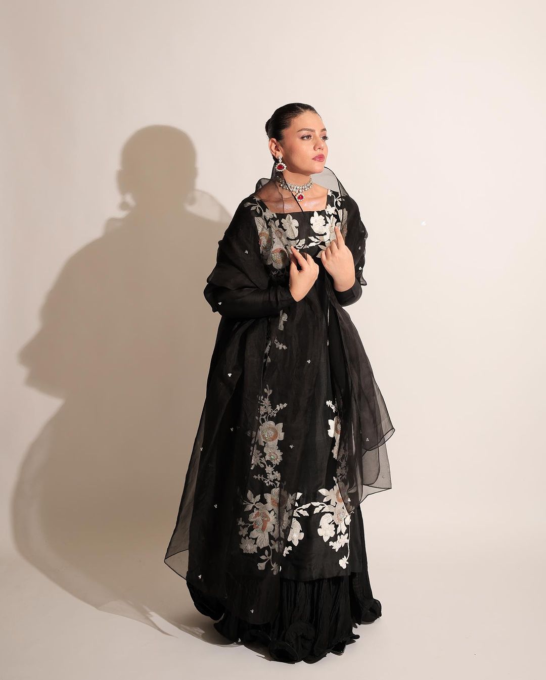 Zara Noor Abbas - Floral Black Long Shirt, Flapper and Dupatta suit | 50% OFF