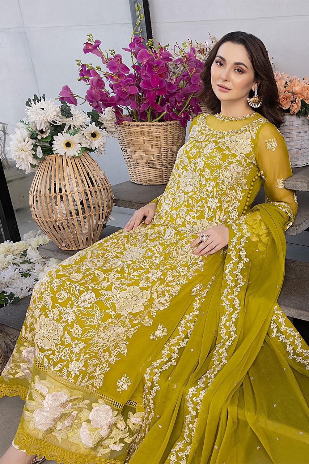 Hania Aamir - Embellished Yellow Shirt, Flapper with Dupatta - COD | 30% OFF