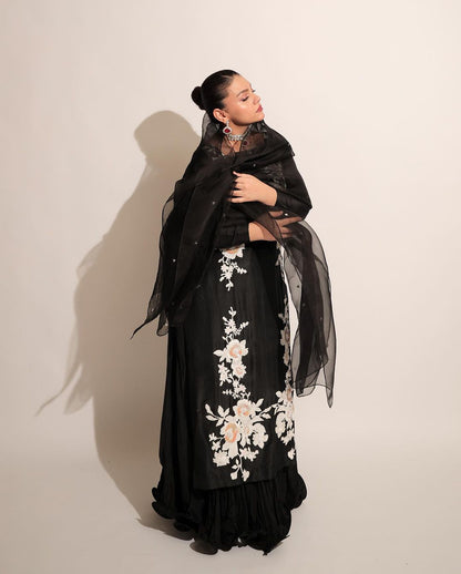 Zara Noor Abbas - Floral Black Long Shirt, Flapper and Dupatta suit | 50% OFF