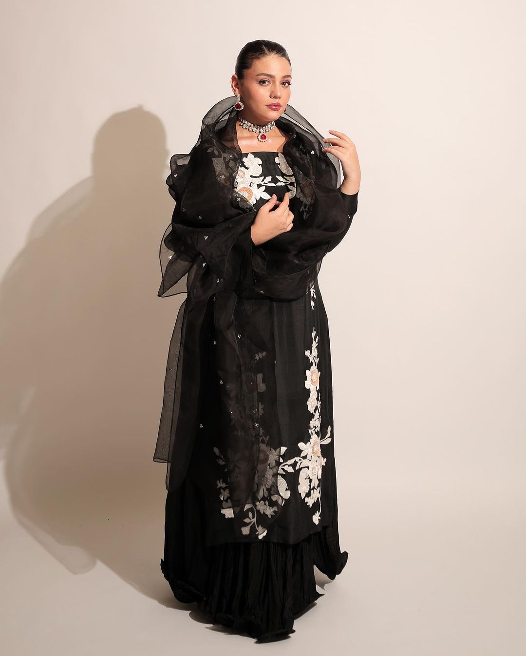 Zara Noor Abbas - Floral Black Long Shirt, Flapper and Dupatta suit | 50% OFF