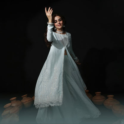 Maya Ali -  Light Blue Shirt, Flapper and Dupatta Outfit | 50% OFF