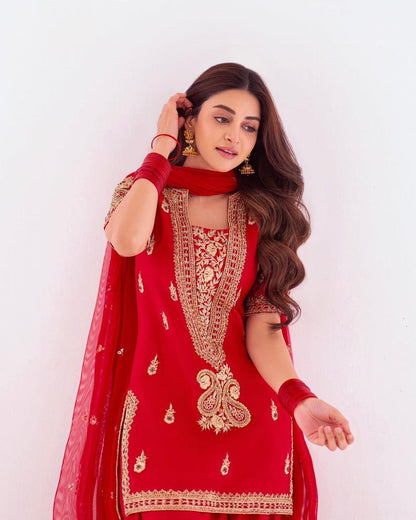 Anmol Baloch - Red Raw Silk Shirt, Trouser and Dupatta Outfit | 50% OFF