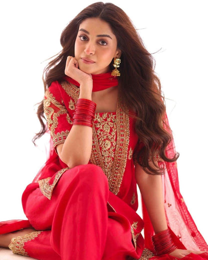 Anmol Baloch - Red Raw Silk Shirt, Trouser and Dupatta Outfit | 50% OFF