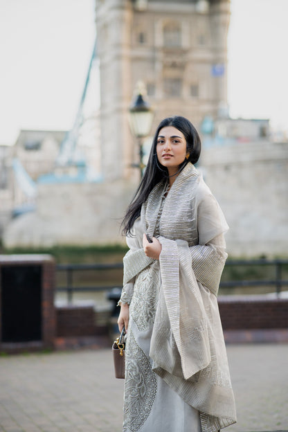 Sarah Khan - Cloe Grey Long Shirt, Trouser and Dupatta | 60% OFF