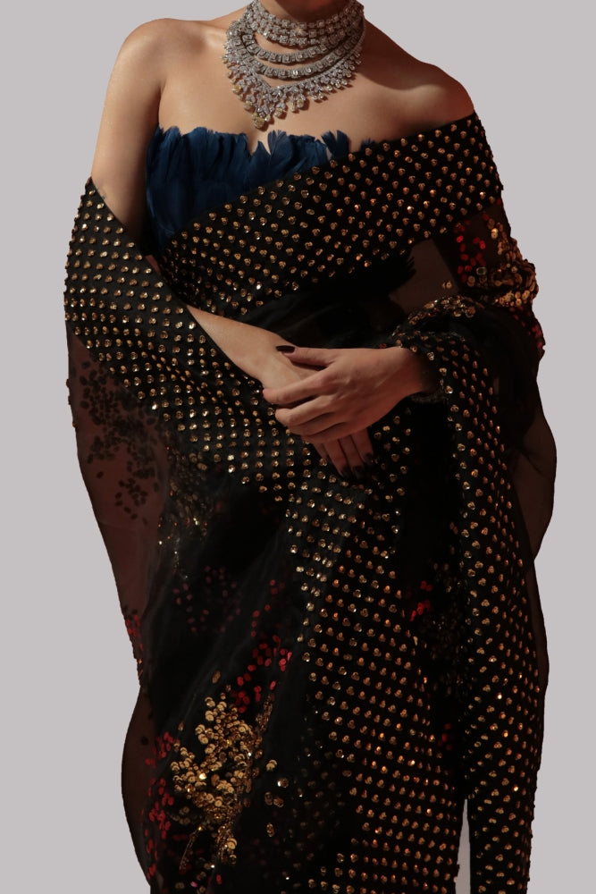 Ayesha Shahveer - Black Embellished Oraganza Sari - COD | 50% OFF