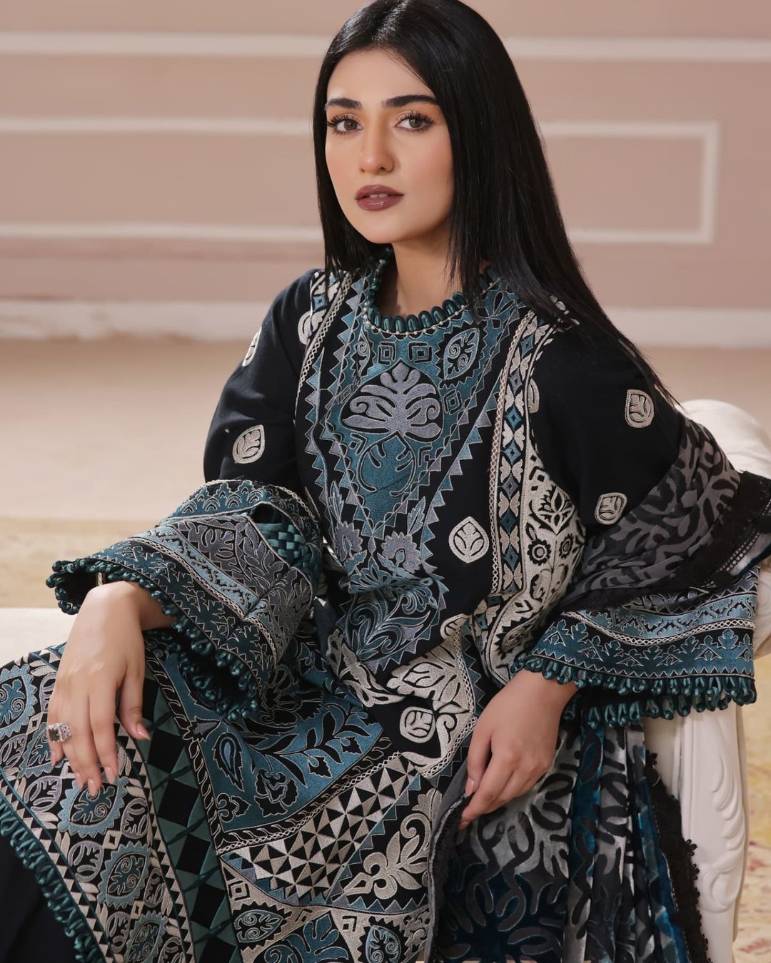 Sarah Khan - Cloe Black Long Shirt, Trouser and Duaptta set | 30% OFF