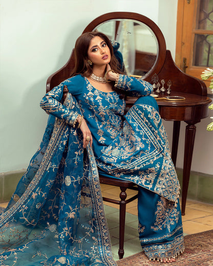 Sajal Ali - Lila Shirt, Trouser with Dupatta - COD | 30% OFF