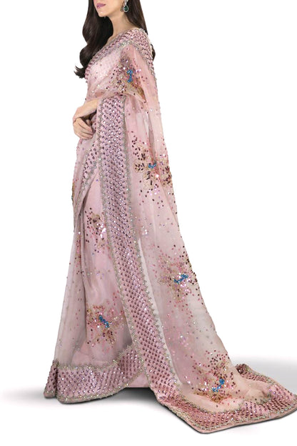 Maya Ali Peach Blush Embellished Organza Saree | 75% OFF