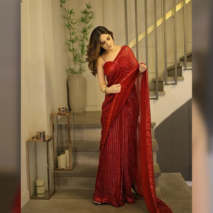 Aiza Awan x Hiba Bukhari - Red Embellished Saree - COD | 60% OFF