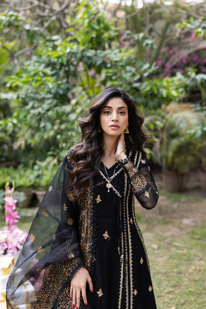 Anmol Baloch Black Copper Long Shirt, Trouser with Dupatta | 50% OFF