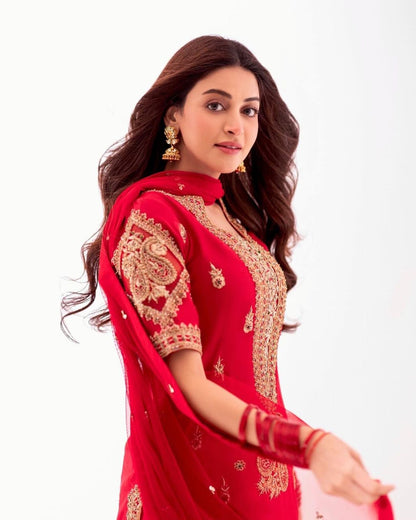 Anmol Baloch - Red Raw Silk Shirt, Trouser and Dupatta Outfit | 50% OFF