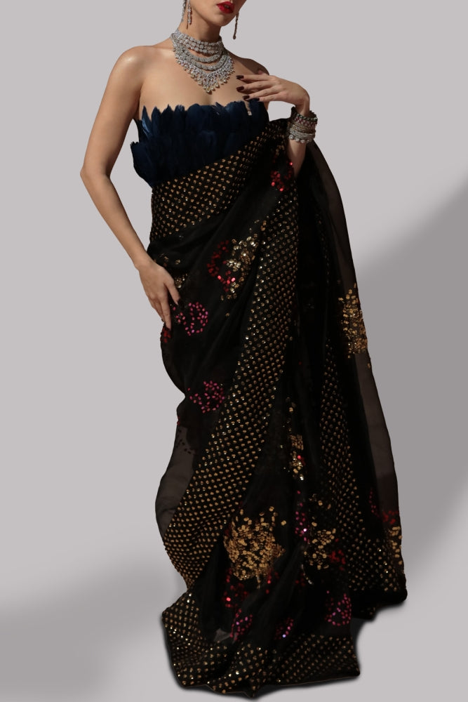 Ayesha Shahveer - Black Embellished Oraganza Sari - COD | 50% OFF