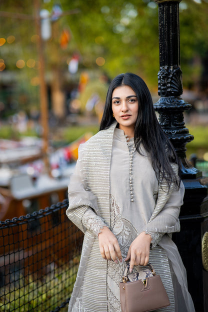 Sarah Khan - Cloe Grey Long Shirt, Trouser and Dupatta | 60% OFF