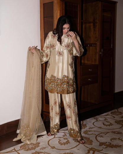 Durefishan Saleem - Lambs Wool Crème Embellished Raw Silk Set - COD | 50% OFF