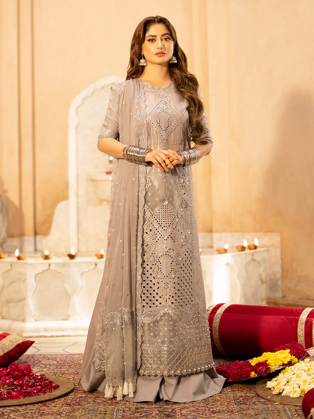 Sajal Ali - Embroidered Grey Shirt, Flapper and Dupatta - COD | 30% OFF