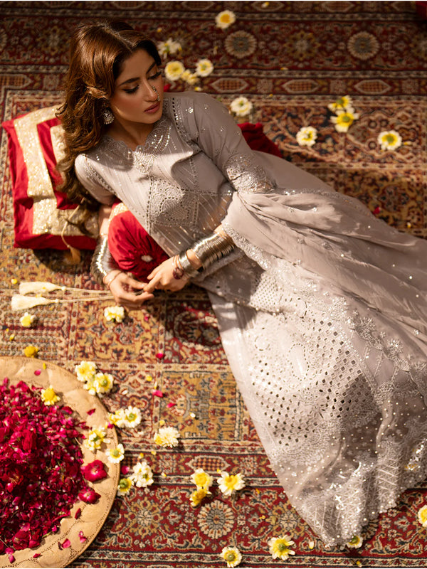 Sajal Ali - Embroidered Grey Shirt, Flapper and Dupatta - COD | 30% OFF