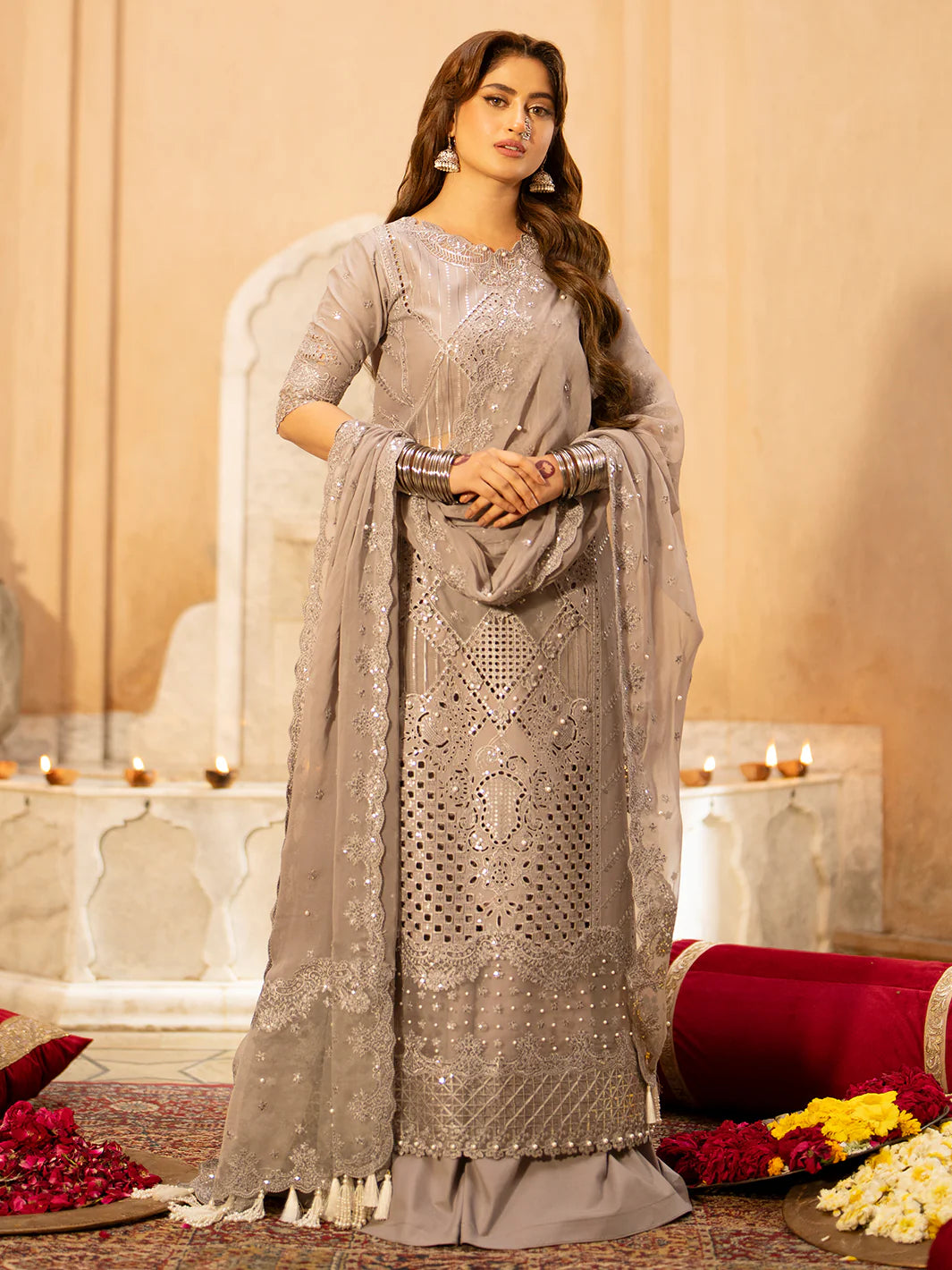 Sajal Ali - Embroidered Grey Shirt, Flapper and Dupatta - COD | 30% OFF