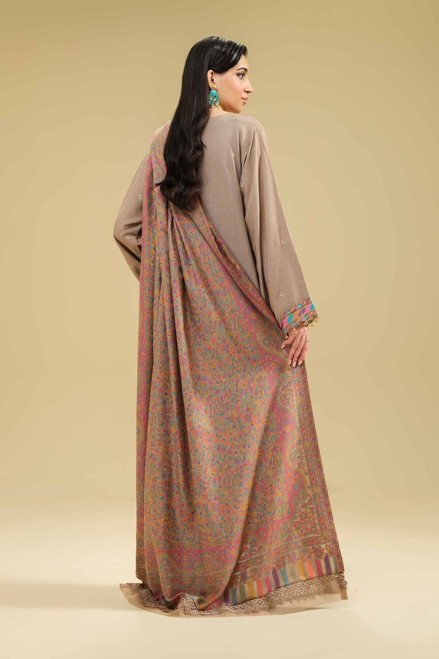 Hania Aamir - Brown Long Shirt, Pants and Dupatta set | 50% OFF