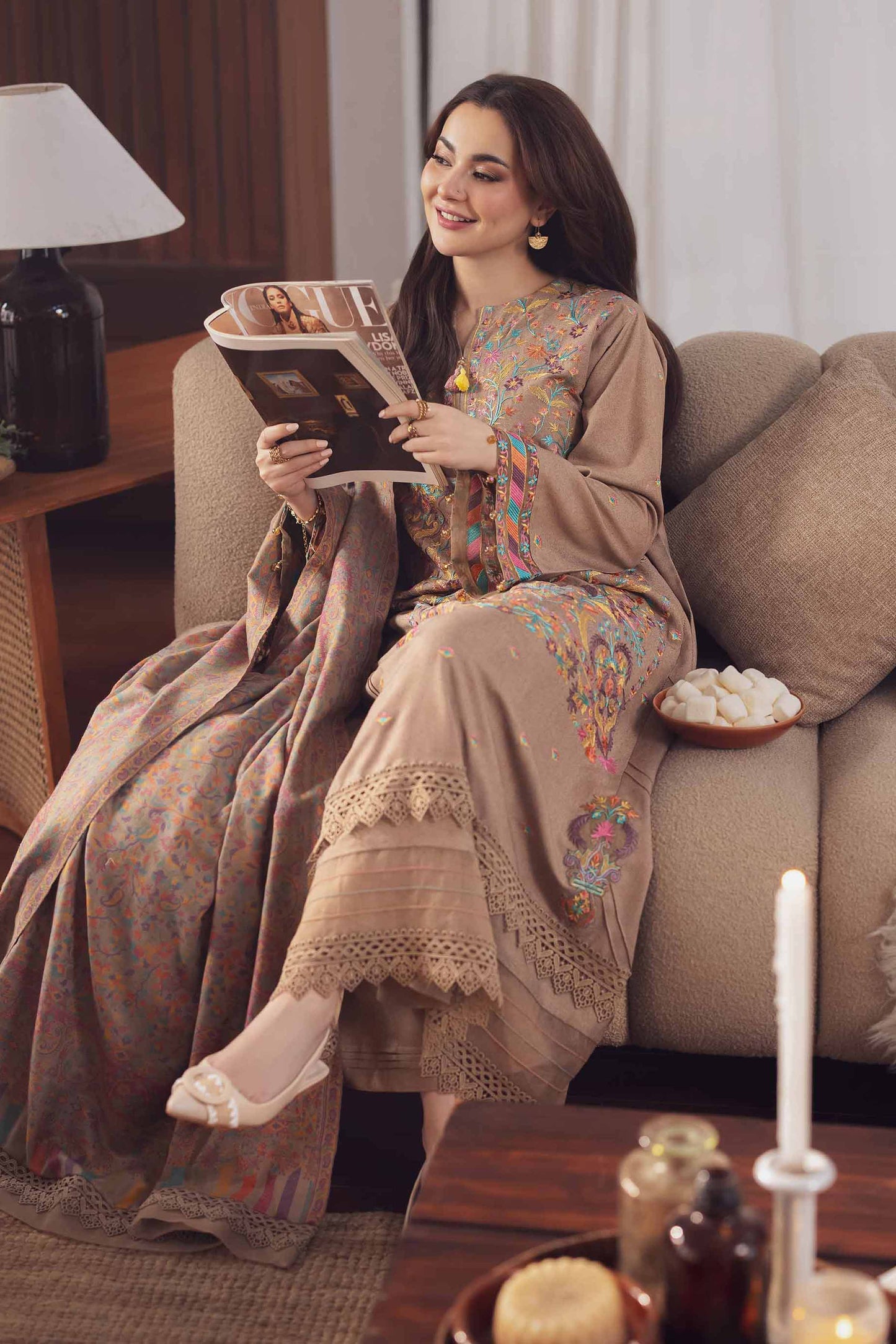 Hania Aamir - Brown Long Shirt, Pants and Dupatta set | 50% OFF