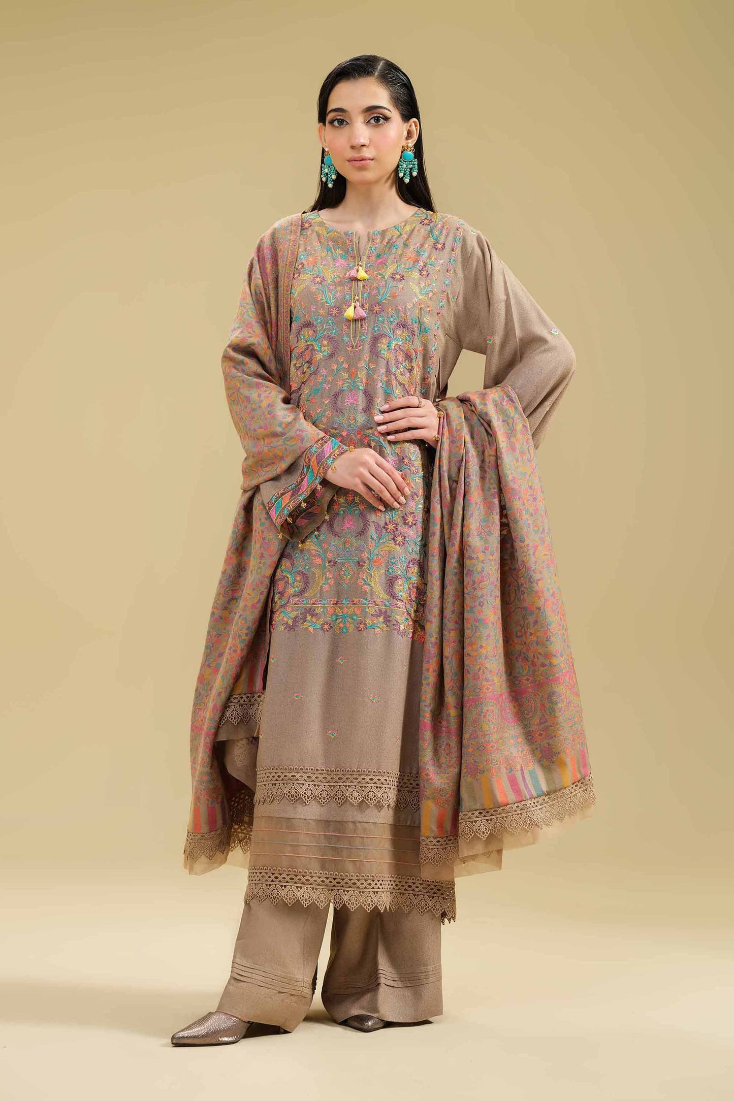 Hania Aamir - Brown Long Shirt, Pants and Dupatta set | 50% OFF