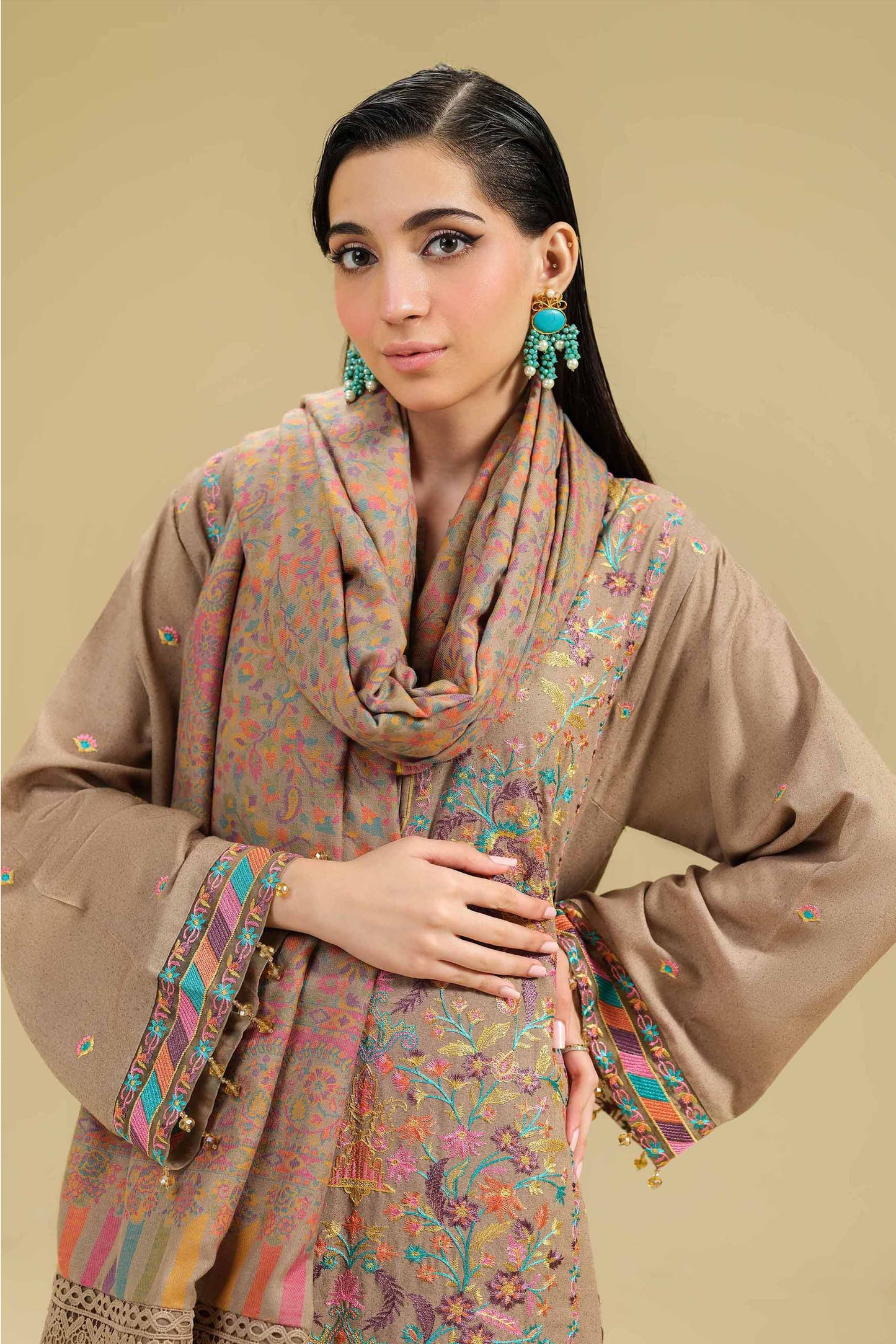 Hania Aamir - Brown Long Shirt, Pants and Dupatta set | 50% OFF