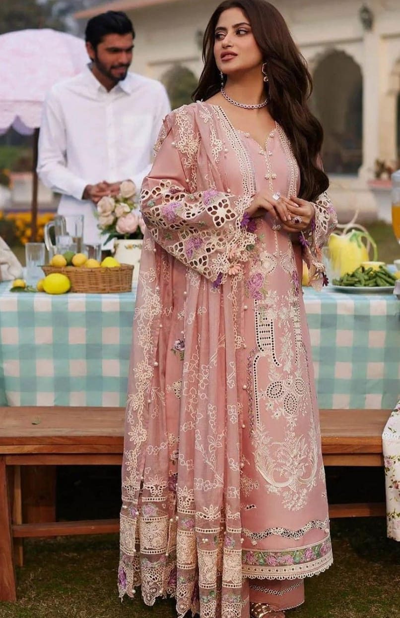 Sajal Ali - Tea Pink Shirt, Trouser with Dupatta - COD | 20% OFF