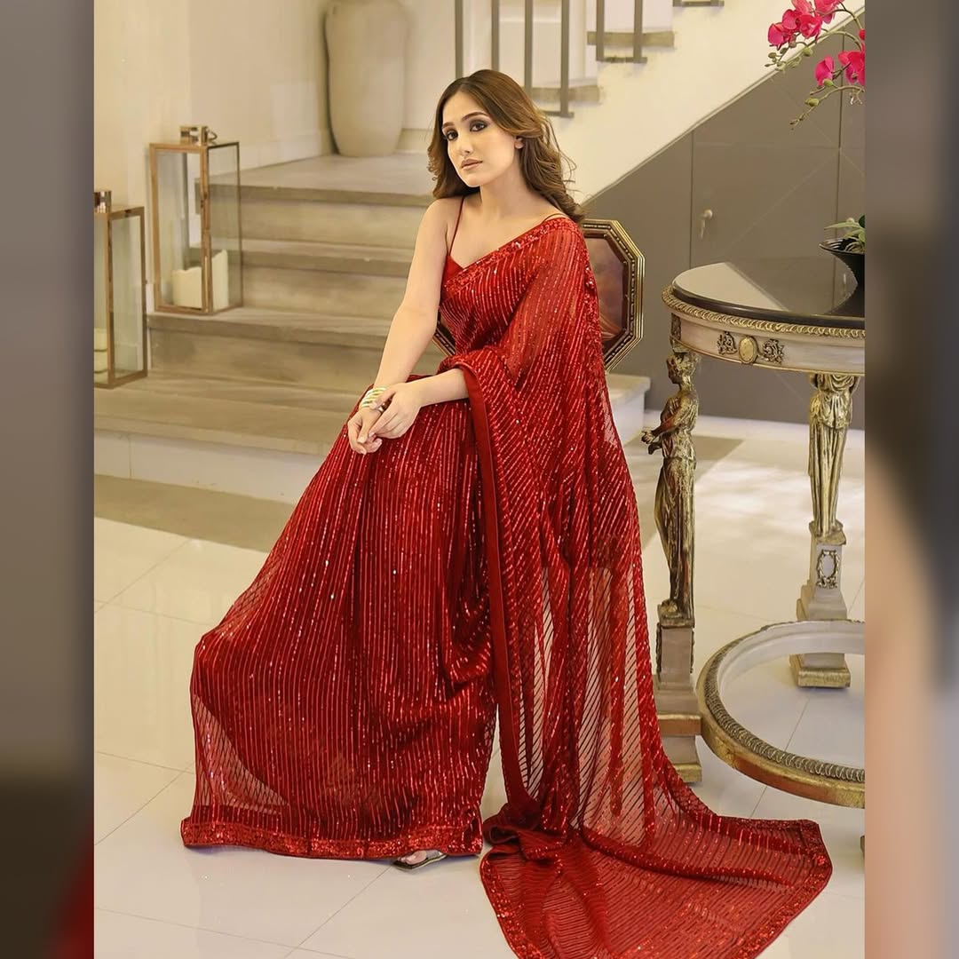 Aiza Awan x Hiba Bukhari - Red Embellished Saree - COD | 60% OFF