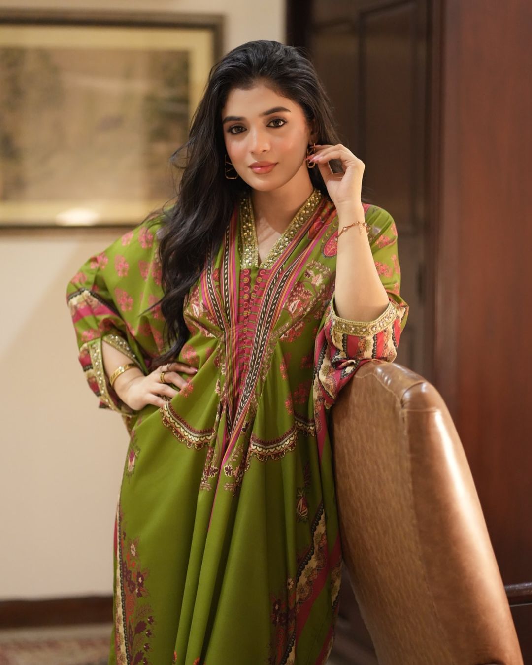 Laiba Khan Green Raw Silk Kaftan |  50% OFF