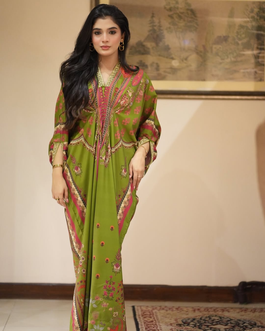 Laiba Khan Green Raw Silk Kaftan |  50% OFF