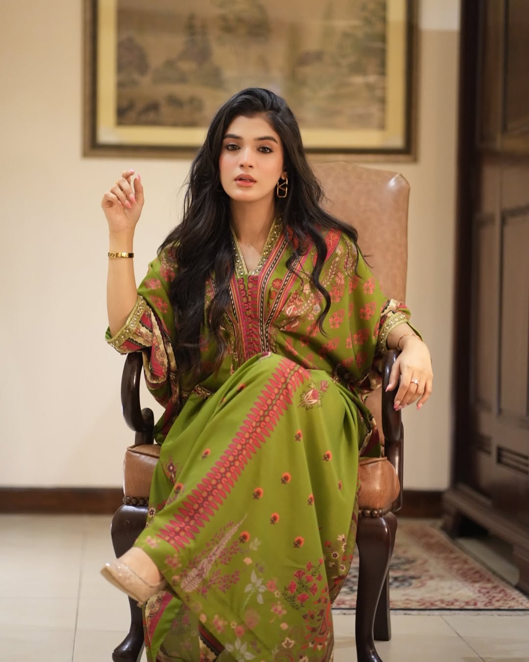 Laiba Khan Green Raw Silk Kaftan |  50% OFF