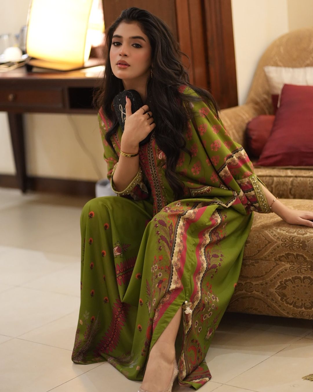 Laiba Khan Green Raw Silk Kaftan |  50% OFF