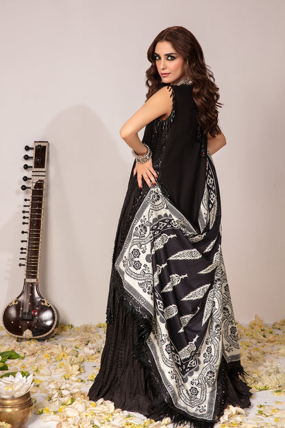 Maya Ali - Black Khaddar Long Shirt, Trouser and Dupatta Dress | Stitched  | 50% OFF