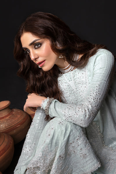 Maya Ali -  Light Blue Shirt, Flapper and Dupatta Outfit | 50% OFF