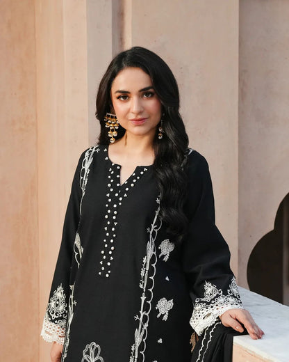 Yumna Zaidi - Black Raw Long Shirt, Trouser and Duaptta set | 50% OFF