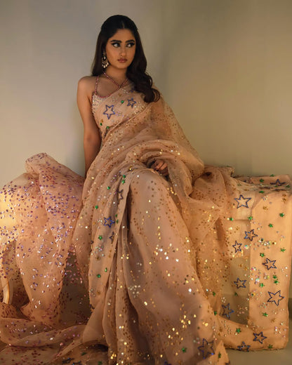 Sajal Ali - Silver Peach Embellished Organza Sari | 70% OFF