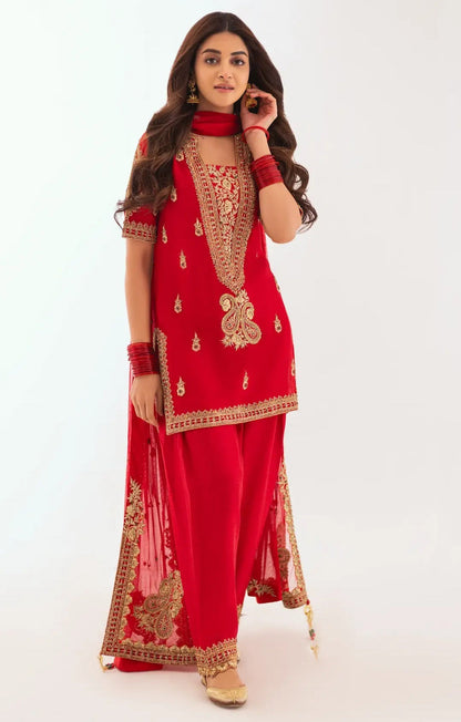 Anmol Baloch - Red Raw Silk Shirt, Trouser and Dupatta Outfit | Reshmi Shirt | 50% OFF | COD