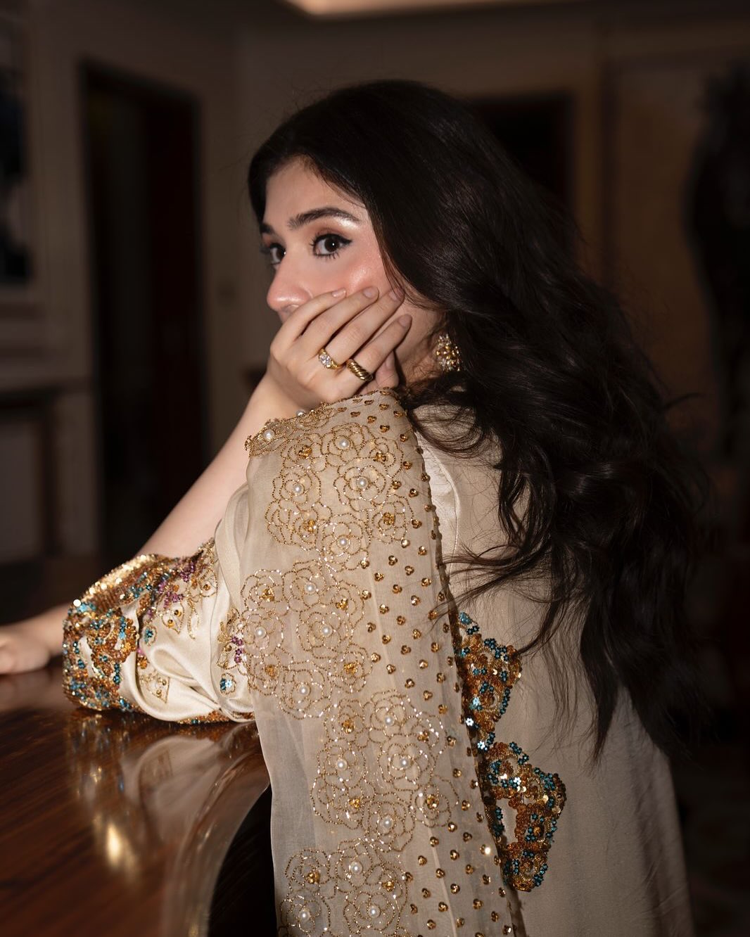 Durefishan Saleem - Lambs Wool Crème Embellished Raw Silk Set - COD | 50% OFF