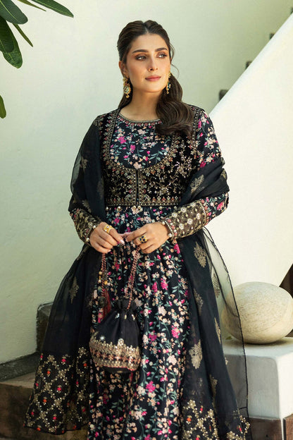 Ayeza Khan -  Black Linen Koti, Long Shirt, Trouser and Dupatta set | 50% OFF