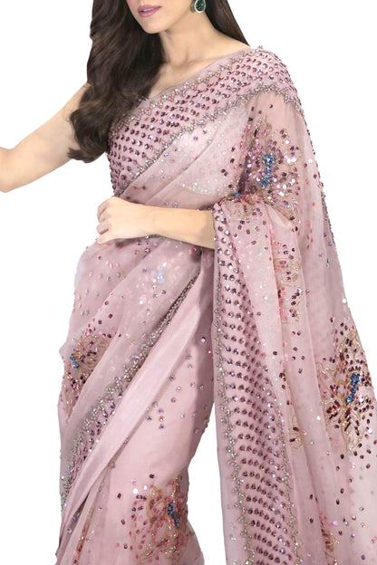 Maya Ali Peach Blush Embellished Organza Saree | 75% OFF