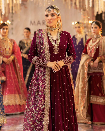 Ayeza Khan - Maroon Long Shirt, Flapper and Dupatta Outfit | 50% OFF