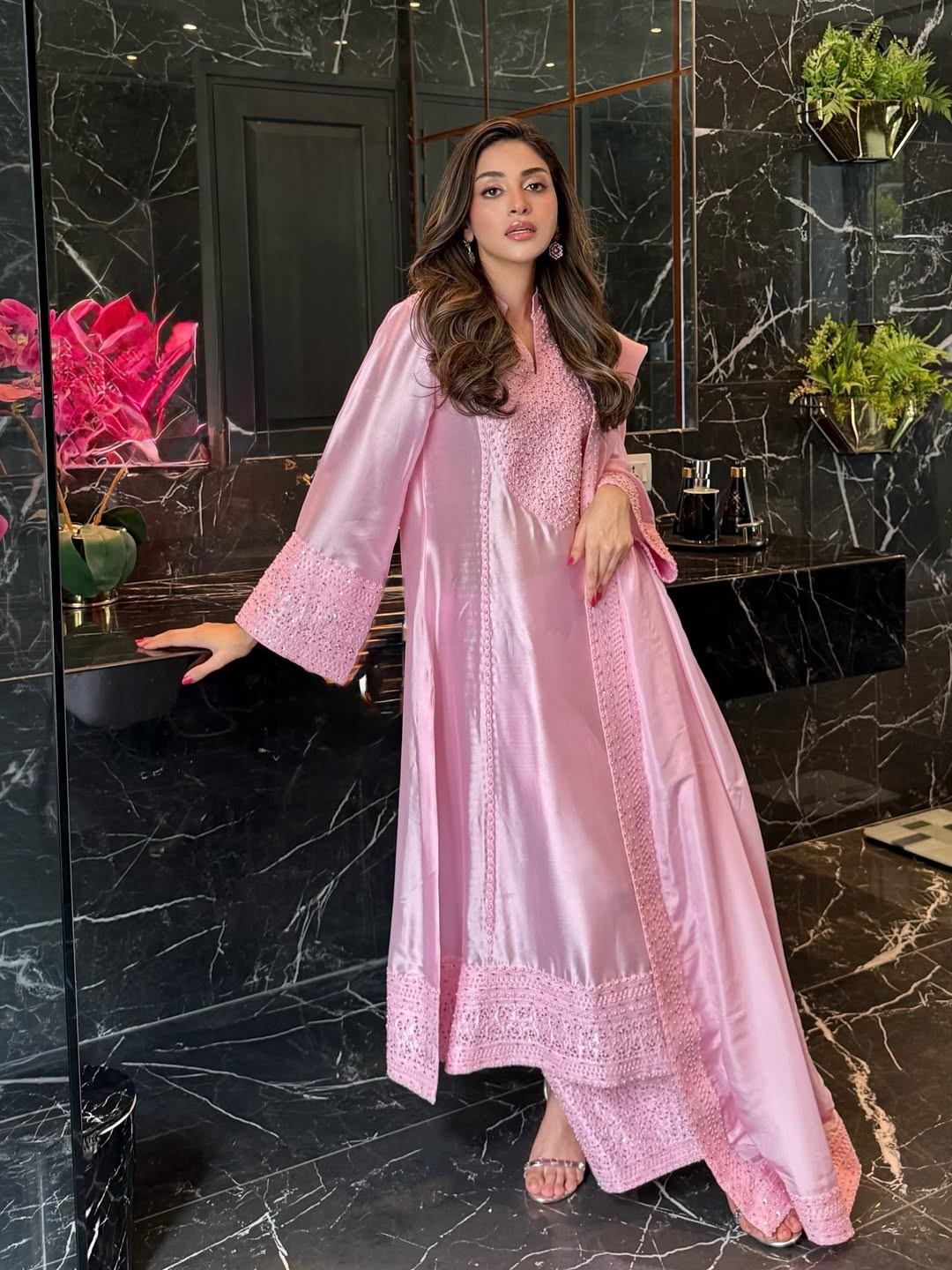 Anmol Baloch Pink Silk Shirt, Trouser with Dupatta | 40% OFF | Reshmi Shirt