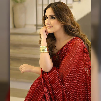 Aiza Awan x Hiba Bukhari - Red Embellished Saree - COD | 60% OFF