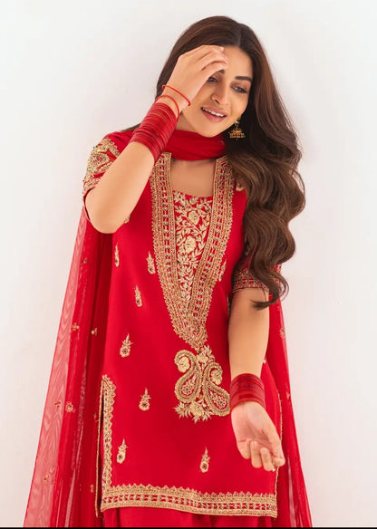 Anmol Baloch - Red Raw Silk Shirt, Trouser and Dupatta Outfit | Reshmi Shirt | 50% OFF | COD