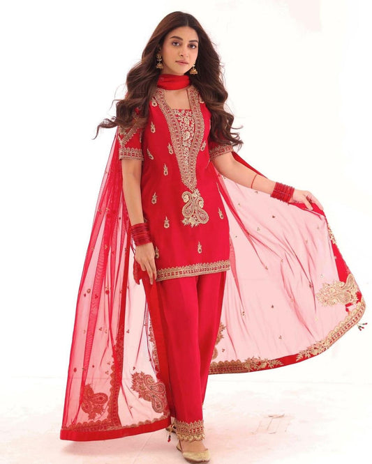 Anmol Baloch - Red Raw Silk Shirt, Trouser and Dupatta Outfit | 50% OFF